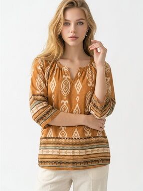 Women's Patterned Mustard Tunic Top with Split Neck